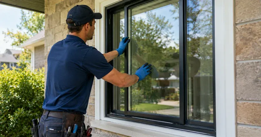 technician measuring a broken window pane for replacement in Udora, Keswick