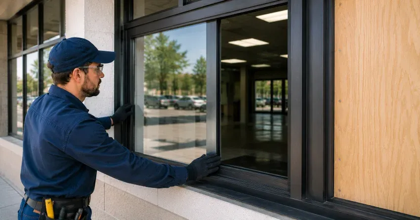 technician boarding a broken window after a break-in in Willow Beach, Keswick