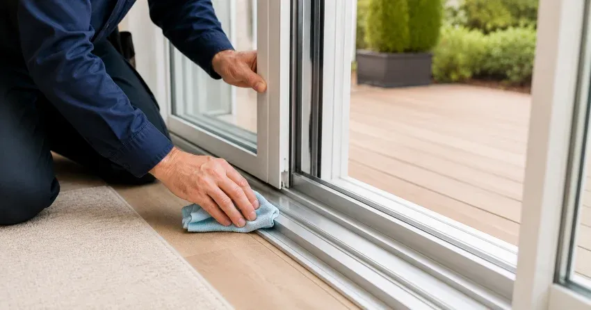 technician inspecting a sliding patio door track in Udora, Keswick
