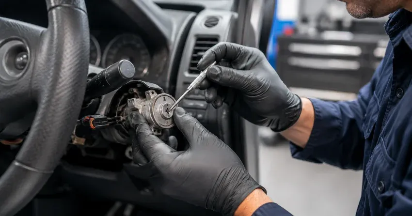 technician diagnosing an ignition lock repair issue in Willow Beach, Keswick