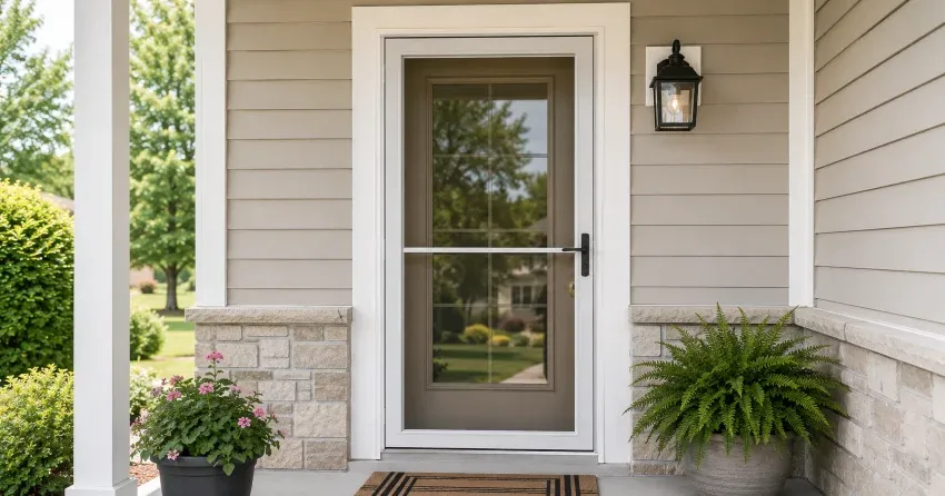 technician hanging storm door square and plumb in Simcoe Landing, Keswick