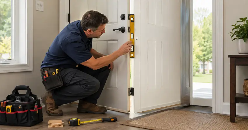 technician diagnosing a misaligned door frame in Simcoe Landing, Keswick