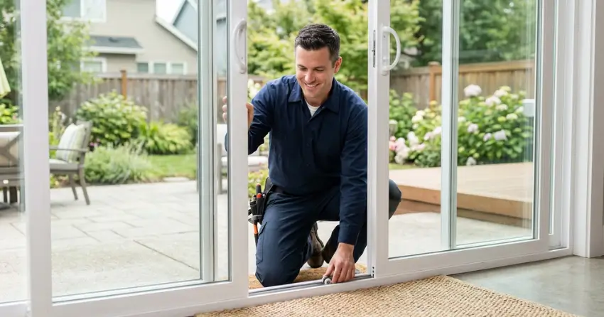 technician diagnosing a sticking patio door in Sutton West, Keswick
