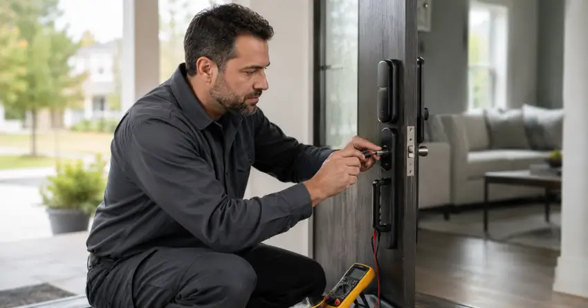 technician diagnosing automatic door lock mechanism on residential door in Sutton West, Keswick