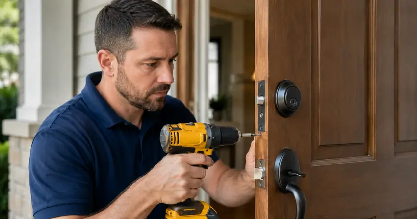 technician installing a new deadbolt during Change Door Lock Keswick service