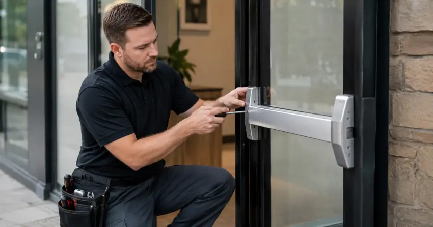 commercial locksmith repairing exit device on storefront door Udora, Keswick