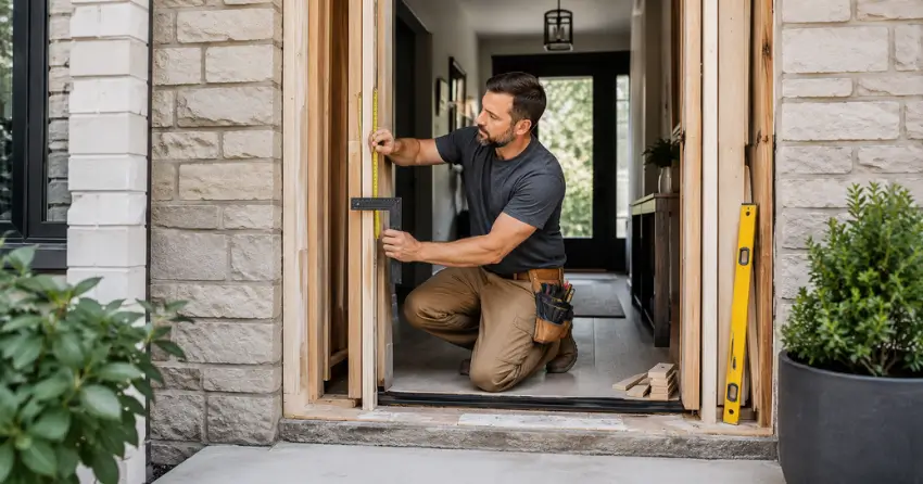 exterior door installer assessing rough opening in Willow Beach, Keswick