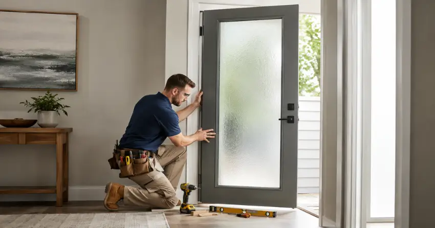 glass panel door installation with frosted privacy glass in residential setting in Willow Beach, Keswick