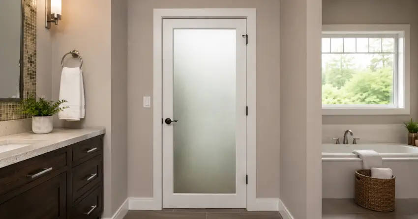 frosted glass panel bathroom door installed in a Simcoe Landing, Keswick home