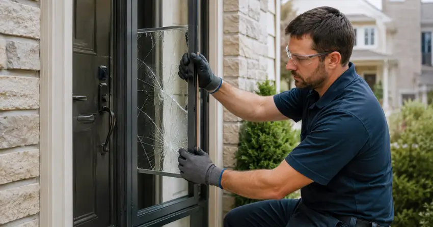 technician removing cracked storm door glass panel in Willow Beach, Keswick