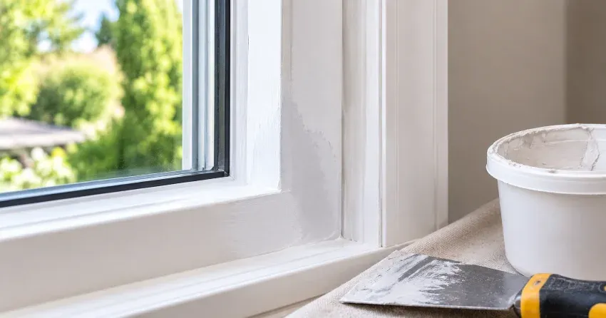 technician repairing rotted window frame corner in Simcoe Landing, Keswick