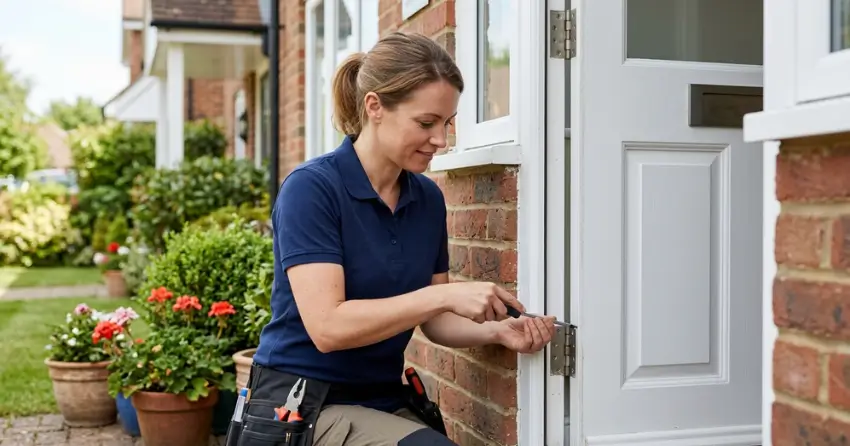 technician repairing exterior door hinge and frame in Pefferlaw, Keswick