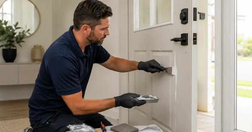 technician repairing fiberglass door surface crack in Baldwin, Keswick