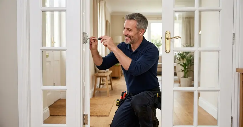 technician adjusting French door hinge for proper alignment in Keswick