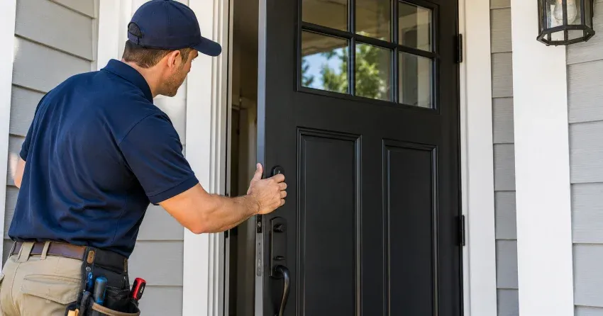 technician adjusting door hinge and strike plate in Baldwin, Keswick home