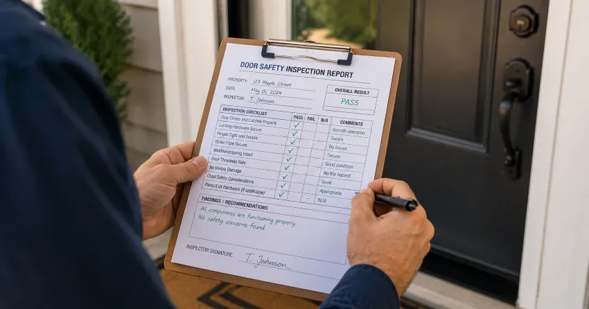 inspector checking strike plate and door frame during safety inspection in Virginia, Keswick