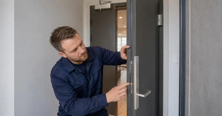 technician inspecting fire-rated door seal and hardware in Pefferlaw, Keswick