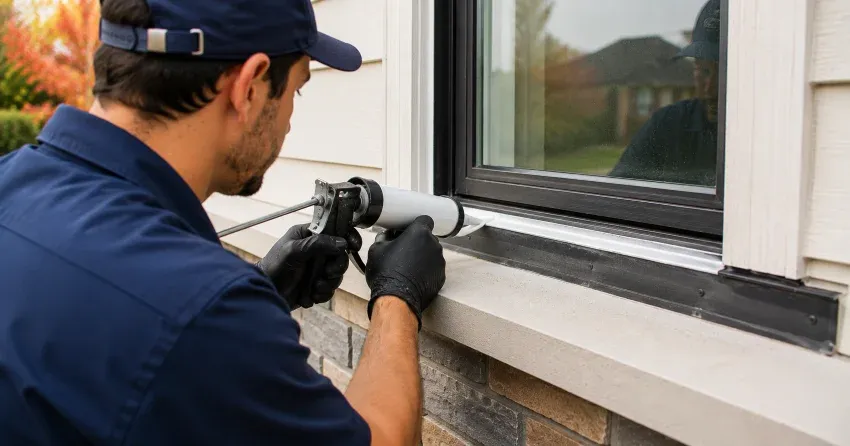 technician inspecting window flashing for leak source in Keswick