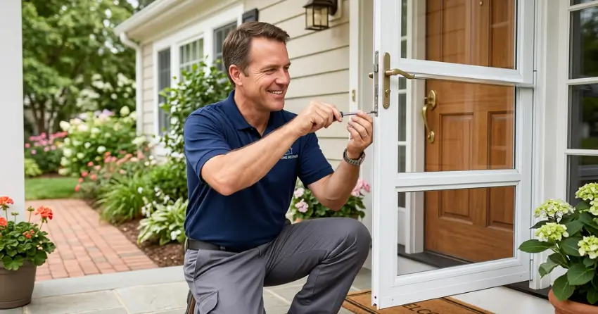 technician adjusting storm door hinge and closer in Eastbourne, Keswick