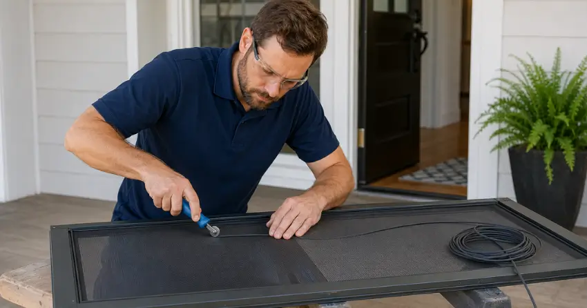 technician replacing screen door mesh and spline in Baldwin, Keswick